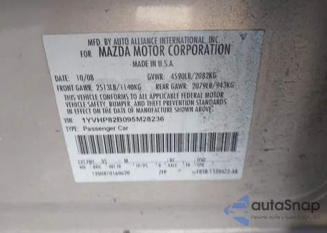 2009 Mazda Mazda6 S Grand Touring z USA, uszkodzony, nr VIN 1YVHP82B095M28236